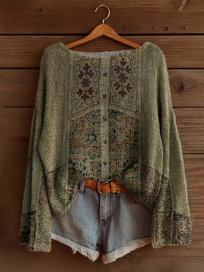 Women’s Sweatshirt - Knit - Oversized Relaxed Fit - Wide Round Neck - Long Bell Sleeves