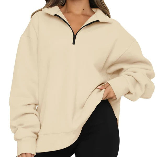 Women’s Oversized Sweatshirt – Cotton – High Collar – Short Zip – Relaxed Fit