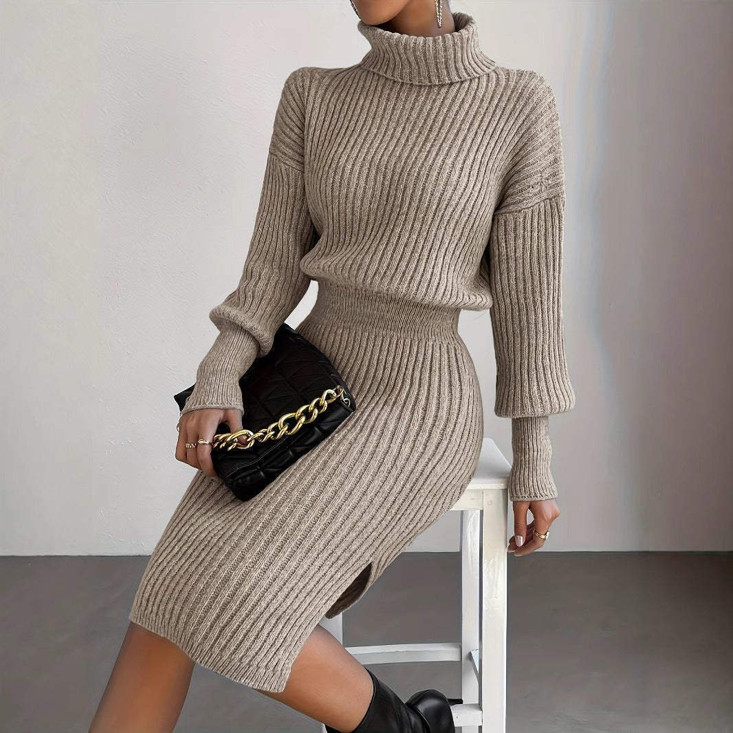 Ribbed Wool Blend Knit Turtleneck Midi Dress 