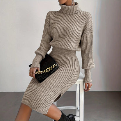 Women’s Knit Turtleneck Midi Dress – Ribbed Wool Blend – Blouson Top – Side Slit