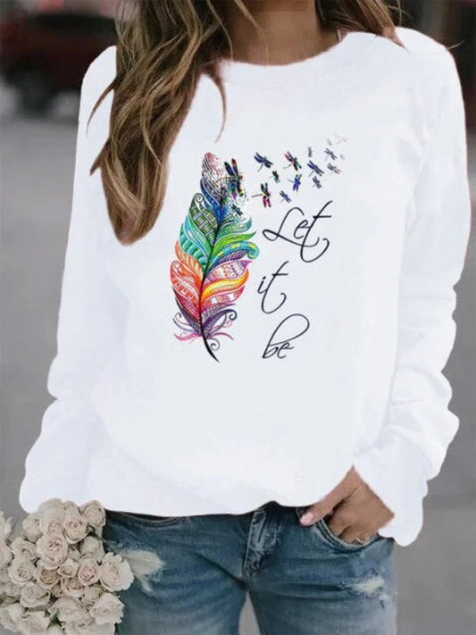 Feather Print Soft Cotton Relaxed Pullover 