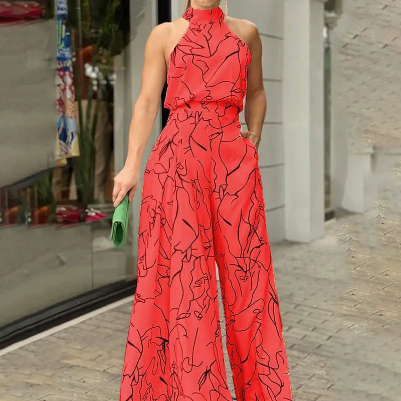 Women’s Jumpsuit – Halter Neck – Abstract Print – Wide Leg