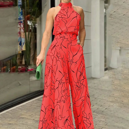 Women’s Jumpsuit – Halter Neck – Abstract Print – Wide Leg