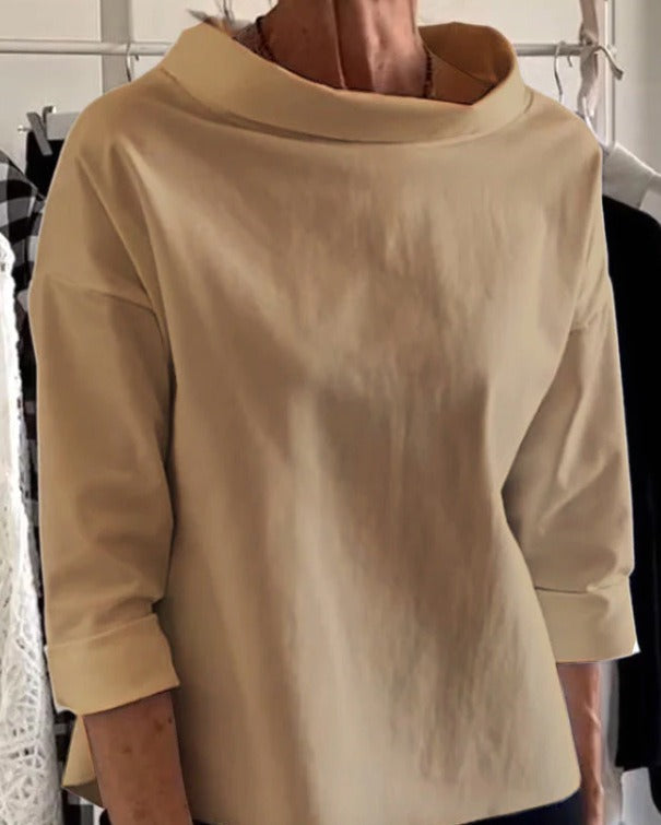 High-Neck Solid Color Long Sleeve Top