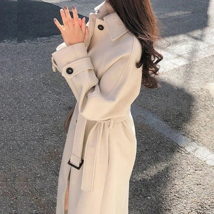 Women’s Trench Coat – Wool Blend – Relaxed Fit – Double-Breasted – Full Length