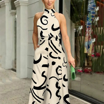 Women’s Jumpsuit – Halter Neck – Abstract Print – Wide Leg