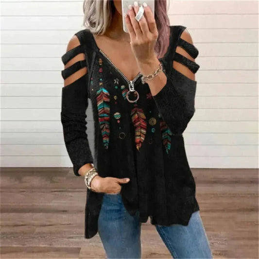Relaxed Zipper Neckline Cold Shoulder Pullover Top 