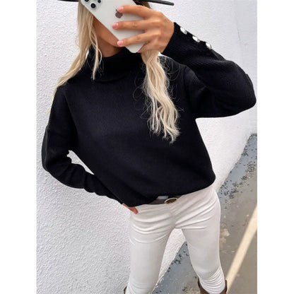 Women’s Turtleneck Sweater – Ribbed Knit – Oversized Fit – Button Cuff Sleeves