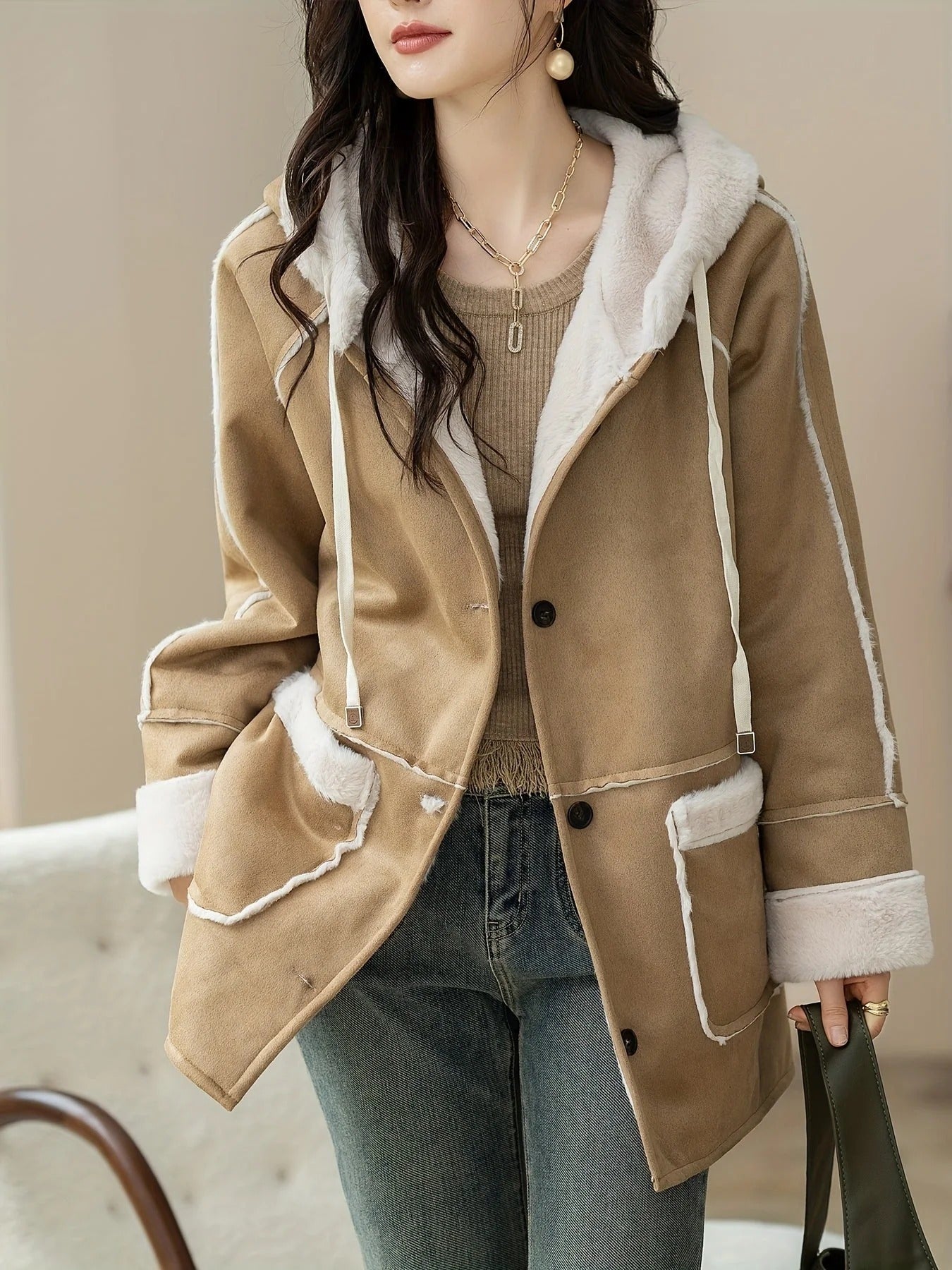 Faux Suede Hooded Mid-Thigh Coat