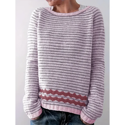 Women’s Pullover Sweater – Wool Knit – Relaxed Fit – Ribbed Hem Long Sleeve Striped