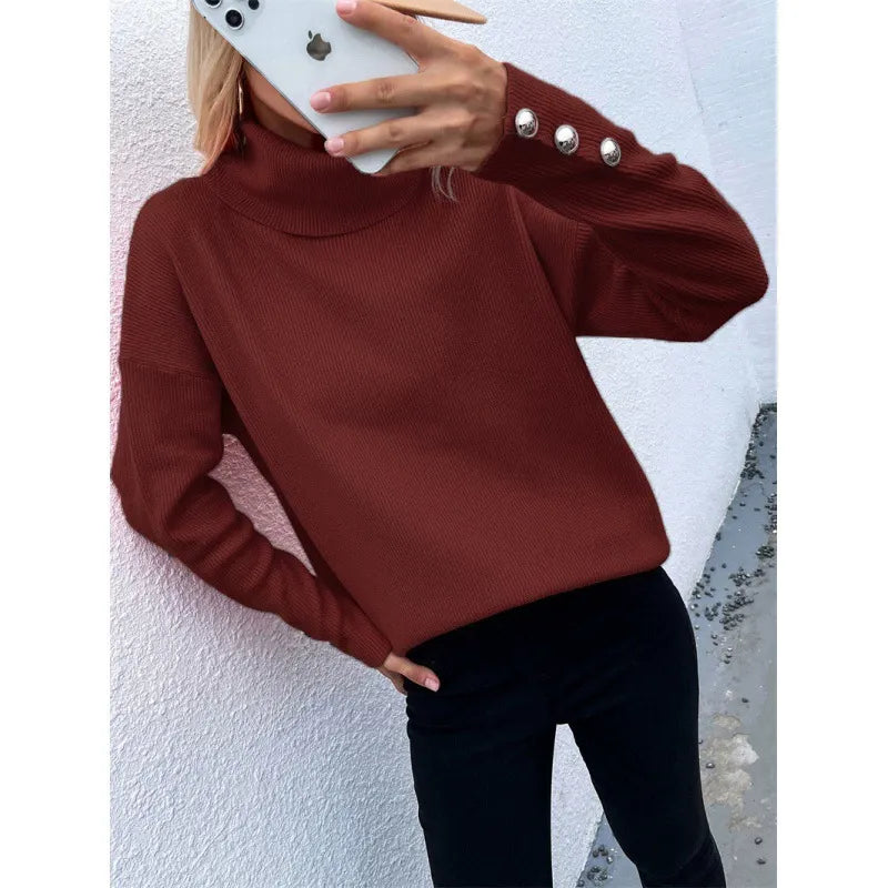 Women’s Turtleneck Sweater – Ribbed Knit – Oversized Fit – Button Cuff Sleeves