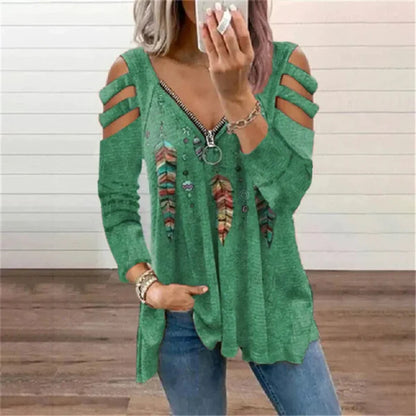 Women’s Pullover Top – Relaxed Fit – Zipper Neckline – Cold Shoulder – Printed Design