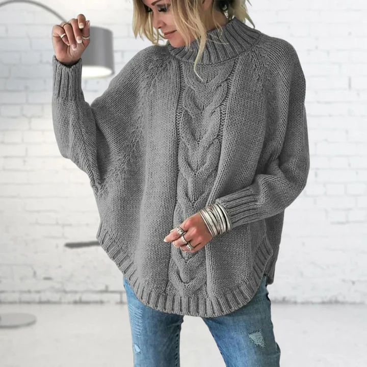 Women’s Knitted Pullover – Wool Blend – Oversized Fit – Cable Knit Turtleneck