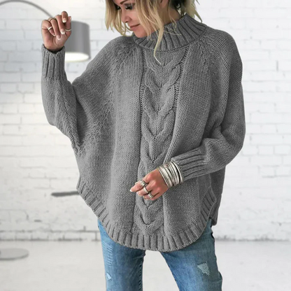 Women’s Knitted Pullover – Wool Blend – Oversized Fit – Cable Knit Turtleneck