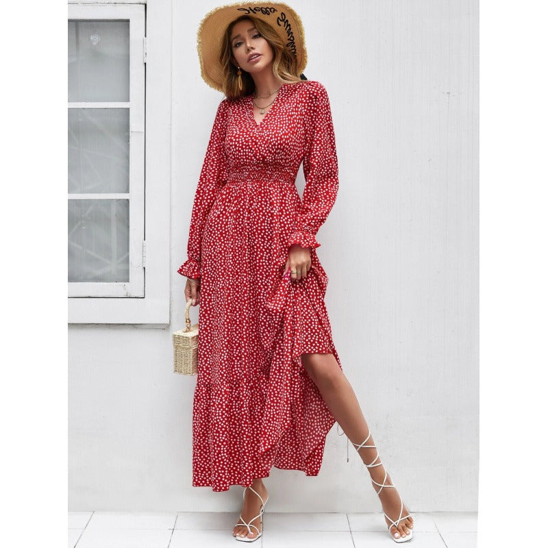 Polka Dot Flared V-Neck Midi Dress 
