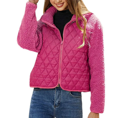 Women’s Quilted Jacket – Relaxed Fit – Fleece Sleeves and Collar – Zip Front Casual Layer