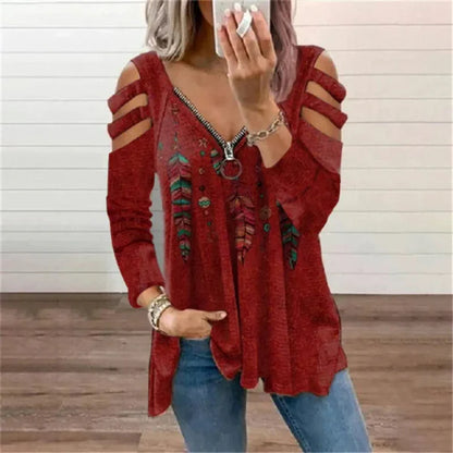 Women’s Pullover Top – Relaxed Fit – Zipper Neckline – Cold Shoulder – Printed Design