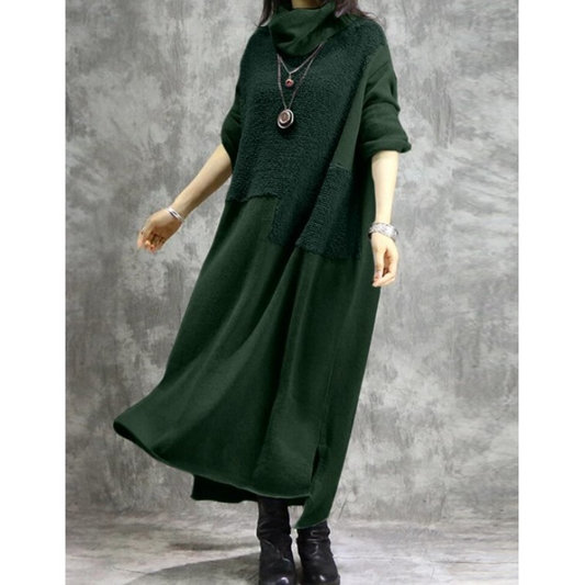 Plush Splice Detail Relaxed Fit Long Sleeve Dress 