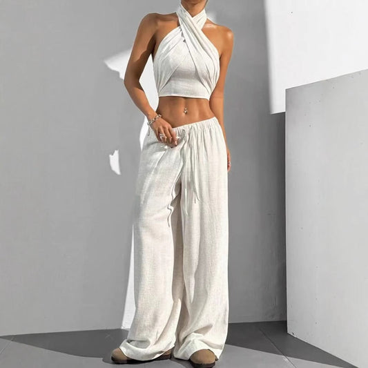Cotton Blend Halter Wrap Crop Top Matching Set 