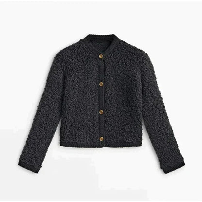 Women’s Teddy Coat – Relaxed Fit – Faux Shearling – Button-Up – Crew Neck – Hip Length