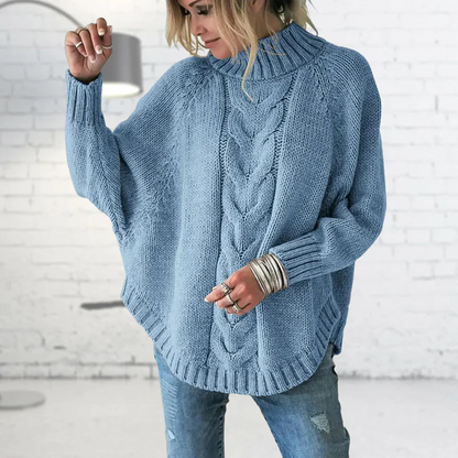 Women’s Knitted Pullover – Wool Blend – Oversized Fit – Cable Knit Turtleneck
