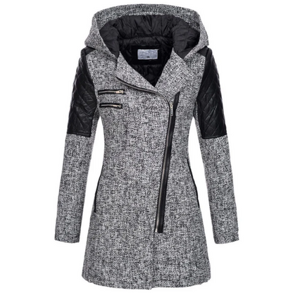 Women’s Jacket – Tailored Fit – Tweed Body – Quilted Sleeves – Asymmetrical Zip – Hooded