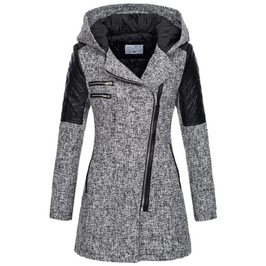Quilted Tweed Asymmetrical Zip Hooded Jacket 