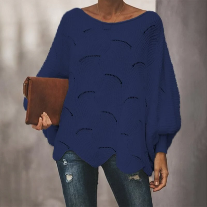 Women’s Knit Sweater – Relaxed Fit – Batwing Sleeves – Scalloped Hem – Wool Blend