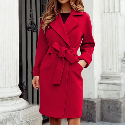 Women’s Trench Coat – Tailored Fit – Wool Feel – Belted Waist – Lapel Collar – Knee Length