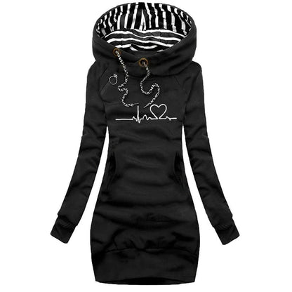 Women’s Hoodie Dress – Slim Fit – Cotton Blend – Long Sleeve – Graphic Print – Pockets