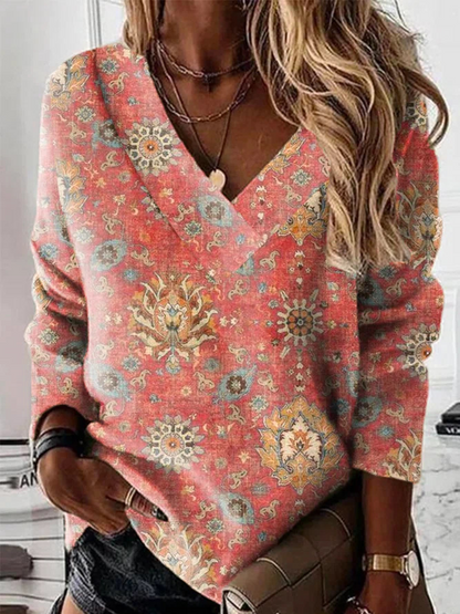 Women’s V-Neck Sweatshirt – Loose Fit – Paisley Print – Long Sleeve Cotton Knit