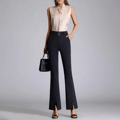 Women’s Flared Trousers – High Waist – Slim Fit – Front Slits – Integrated Belt