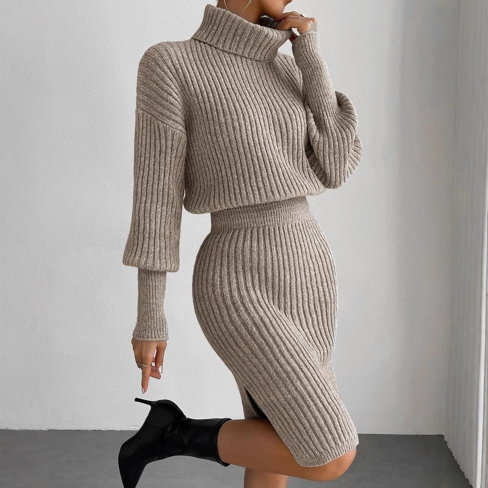 Ribbed Wool Blend Knit Turtleneck Midi Dress 