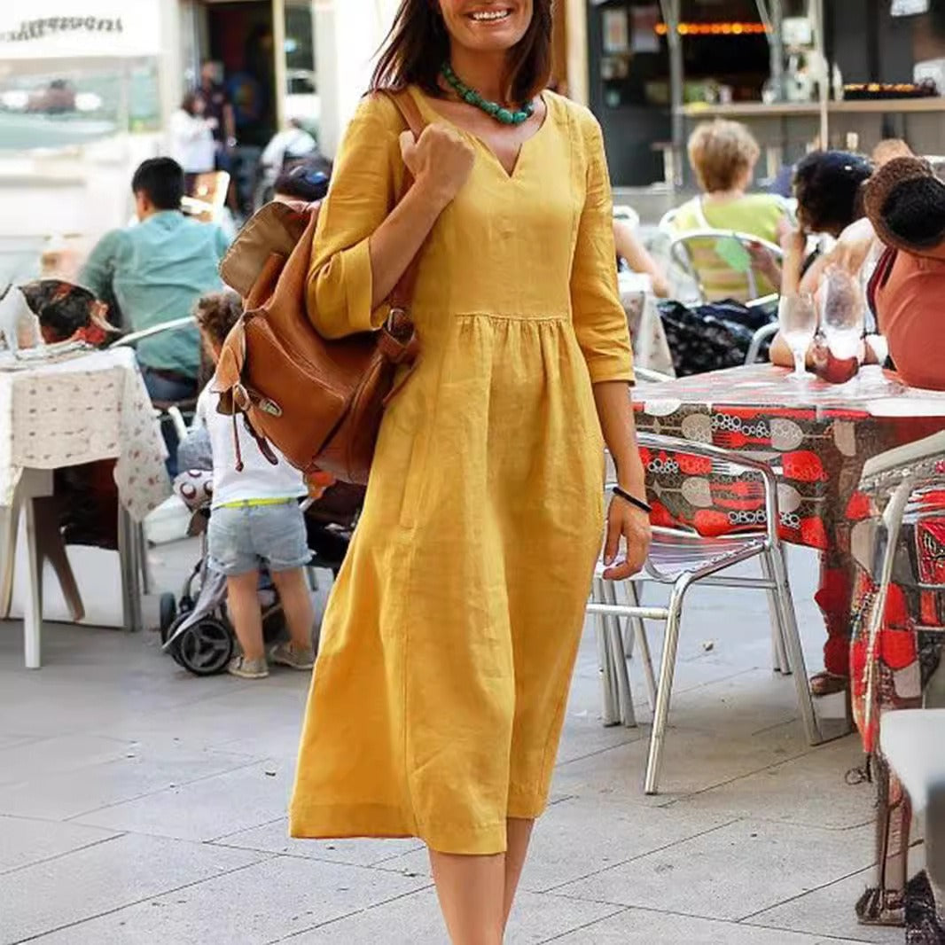 Women’s Midi Dress – Loose Fit – V-Neck – Mid Sleeve – Cotton Blend – A-Line Silhouette
