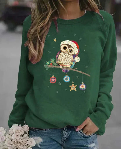 Women’s Sweatshirt – Relaxed Fit – Cotton Blend – Long Sleeve – Festive Owl Print
