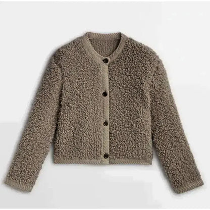 Women’s Teddy Coat – Relaxed Fit – Faux Shearling – Button-Up – Crew Neck – Hip Length