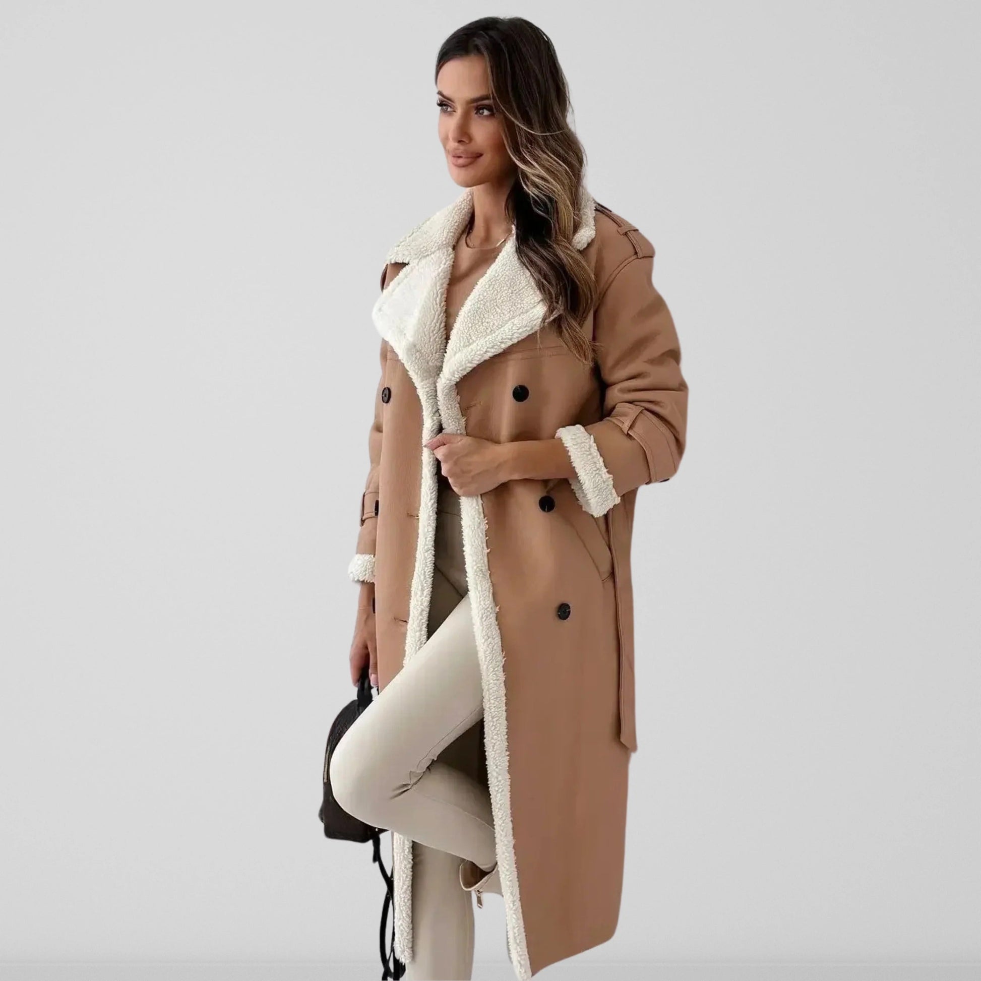 Shearling Lined Belted Faux Suede Coat 