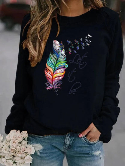 Women’s Pullover – Relaxed Fit – Cotton Blend – Feather Print – Long Sleeve Casual Wear