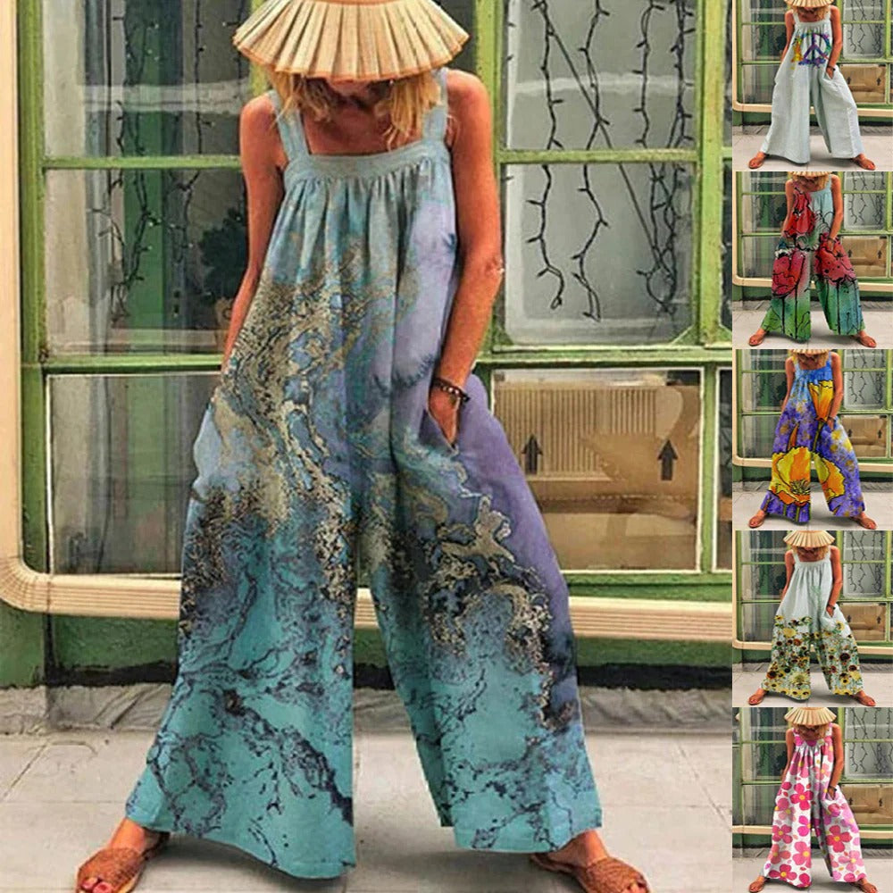 Breathable Printed Relaxed Fit Wide-Leg Overall 