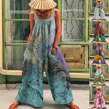 Women’s Wide-Leg Overall – Relaxed Fit – Sleeveless Artistic Print – Soft Breathable Fabric