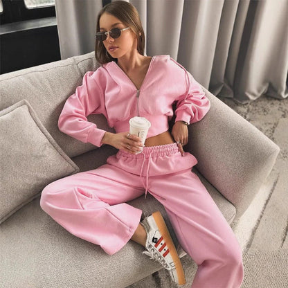 Women’s Two-Piece Lounge Set – Oversized Hoodie Zip Sweatshirt – Wide-Leg Pants – Cotton Blend