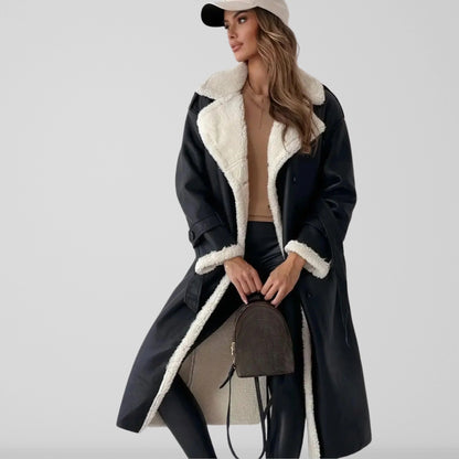 Women’s Coat – Faux Suede – Shearling Lined – Belted – Double-Breasted Long Fit