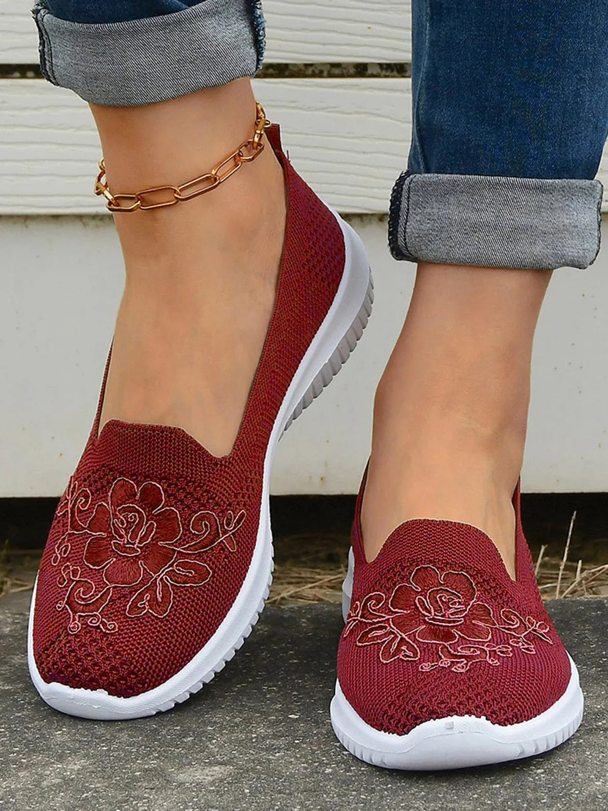 Soft Knit Floral Embroidered Slip-On Sneakers 