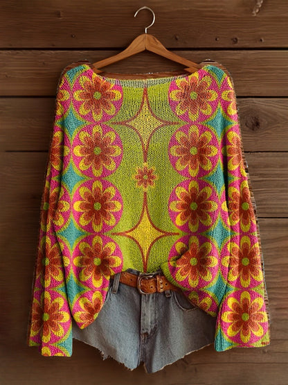Women’s Sweatshirt - Knit - Oversized Relaxed Fit - Wide Round Neck - Long Bell Sleeves
