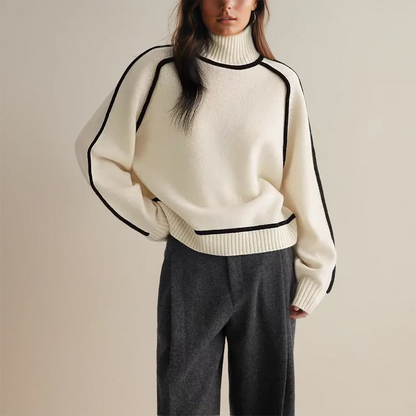 Women’s Turtleneck Sweater – Soft Knit Wool – Oversized Fit – Ribbed and Contrast Trim
