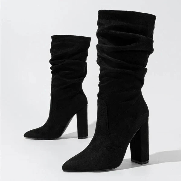 Women’s Mid-Calf Boots – Gathered Shaft – Pointed Toe – Sculptural Cone Heel – Relaxed Fit