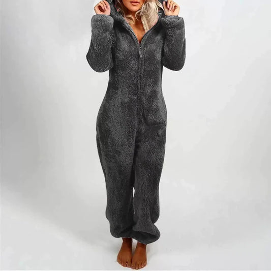 Plush Fuzzy Hooded Relaxed Fit Onesie Pajama 