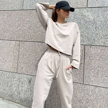 Women’s Top and Pants Set – Relaxed Fit – Cropped Crew Neck Top – Drawstring Waist