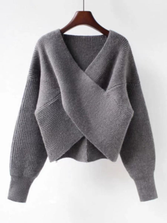Ribbed Knit Oversized V-Neck Sweatshirt 