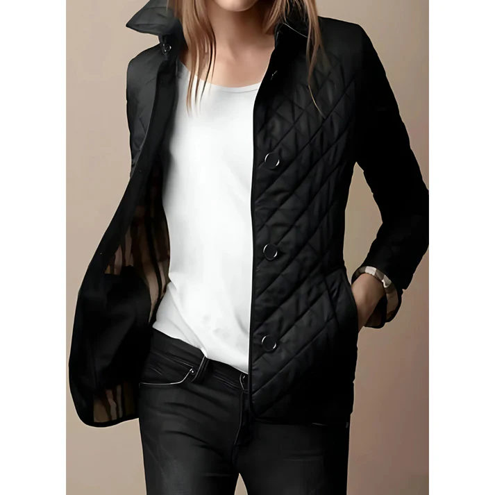 Women’s Quilted Jacket – Tailored Fit – Diamond Pattern – Hip Length – Button Front